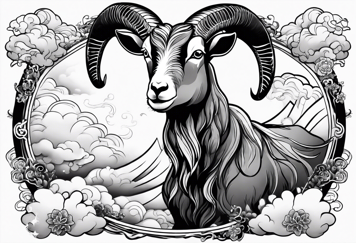 full body goat with kumo clouds in Japanese art style tattoo idea