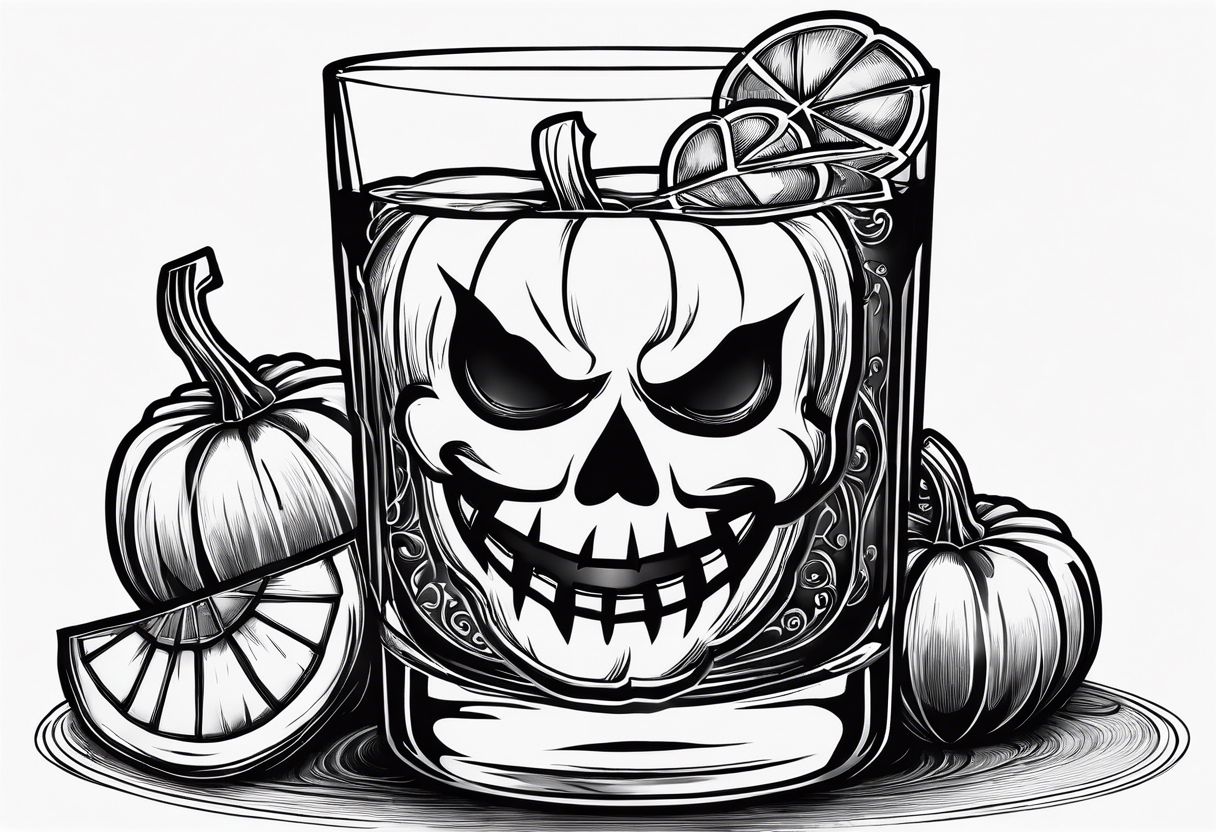 glass of whiskey with one single ice cube that is the Halloween jack-o-lantern tattoo idea