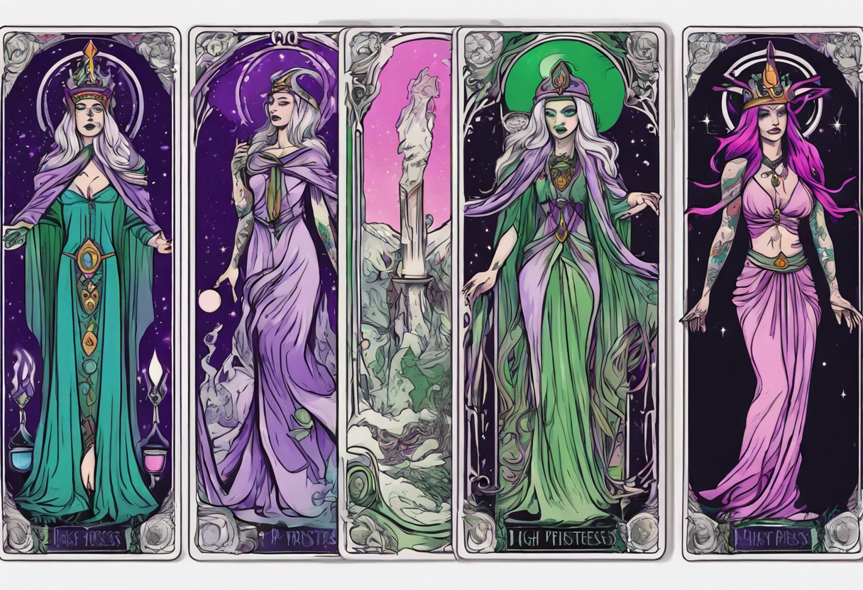 high priestess tarot card purple green blue pink tattoo idea