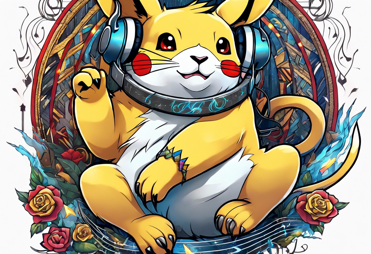 pickachu sitting next to a lion listening to music with music notes and thunder bolts tattoo idea