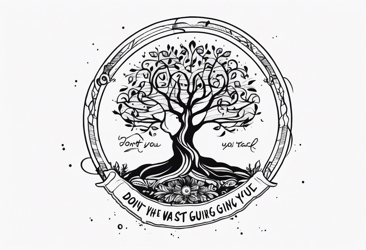 Tree of life combination with the text of "dont waste your time back you're not going that way" tattoo idea