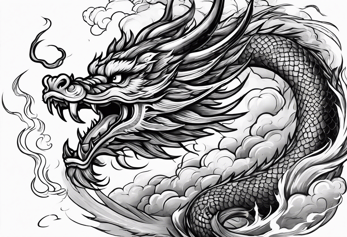 chinese dragon blowing fire while flying through a thunderstorm tattoo idea