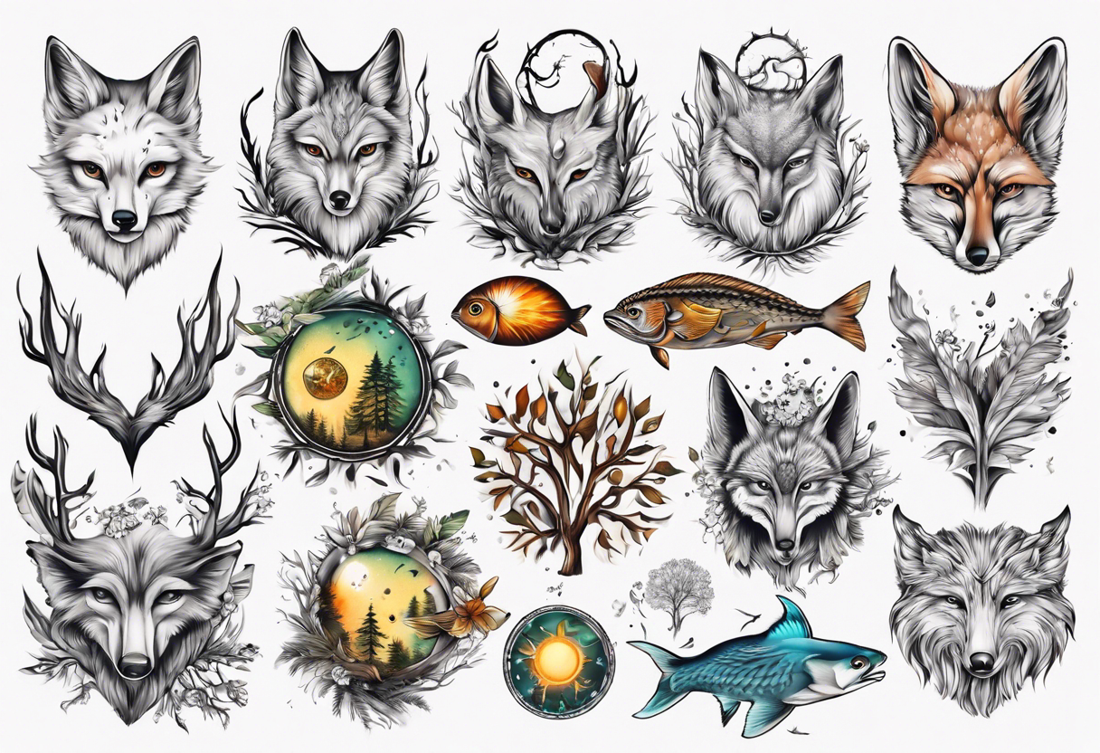 sonne, eule  wald, fuchs 
baum, sapere aude, Wasser, fisch tattoo idea