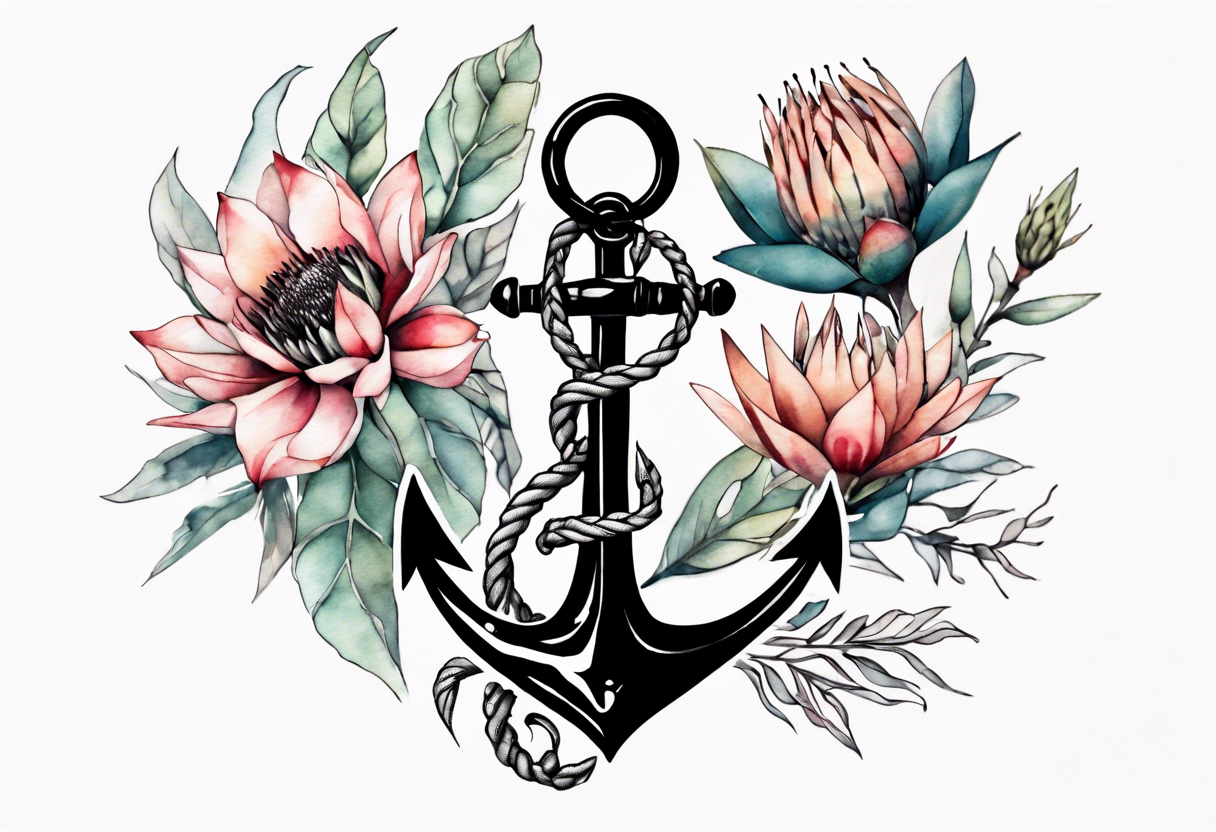 Very feminine tattoo of an anchor with protea flowers tattoo idea