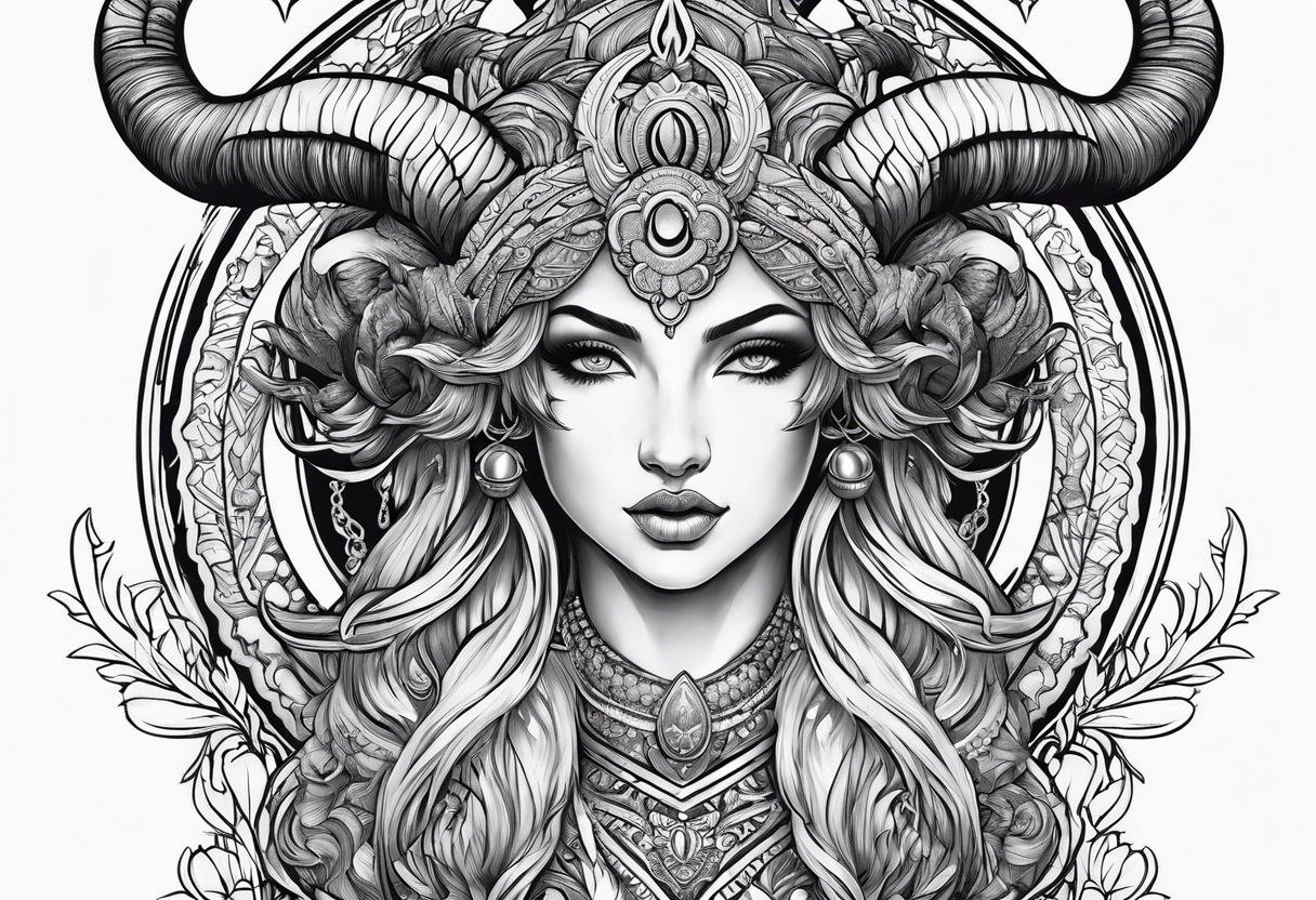 Aries goddess with ram horns tattoo idea