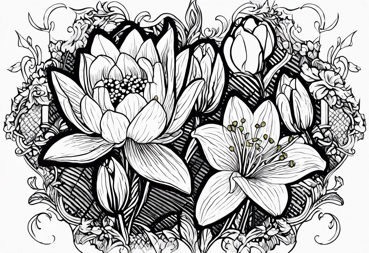 Water Lily, Lily of the Valley, Narcissus, and Gladiolus bouquet for vase tattoo idea