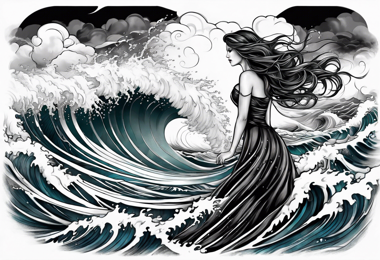 stormy sea waves, full-length woman in the middle of the storm tattoo idea