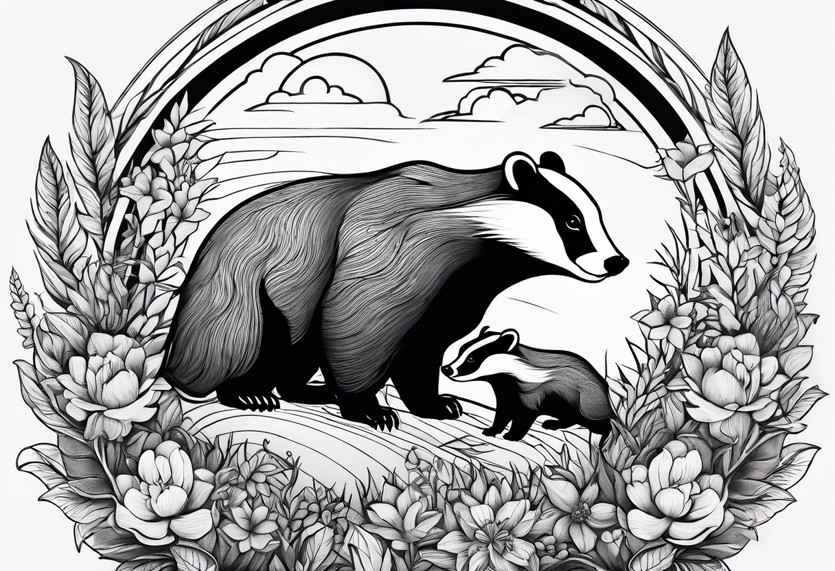 A badger with a cub in a field of flowers, including an open fireplace and a cannabis leaf realistic in center and getting more trippy towards the edges tattoo idea