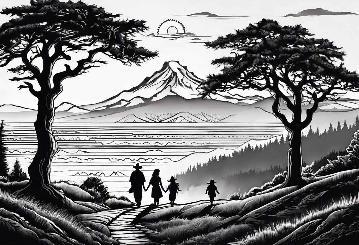 A shadow of a family of four walking through the Pacific northwest landscape. Faith centered and add Mexican tribal  border with importance of faith.
Add crosses and God around the boarder tattoo idea