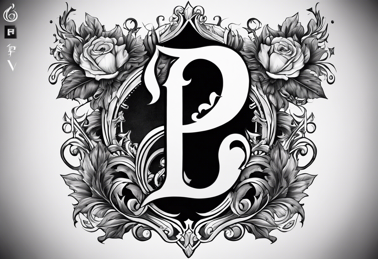 A backwards capital F next to a capital P with design elements around it. The left side should have elements of fire. The right side should have something that is fireproof or the opposite of fire. tattoo idea