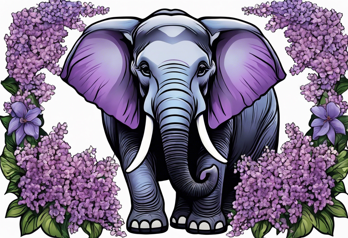 Elephant sitting with trunk morphing into lilacs tattoo idea