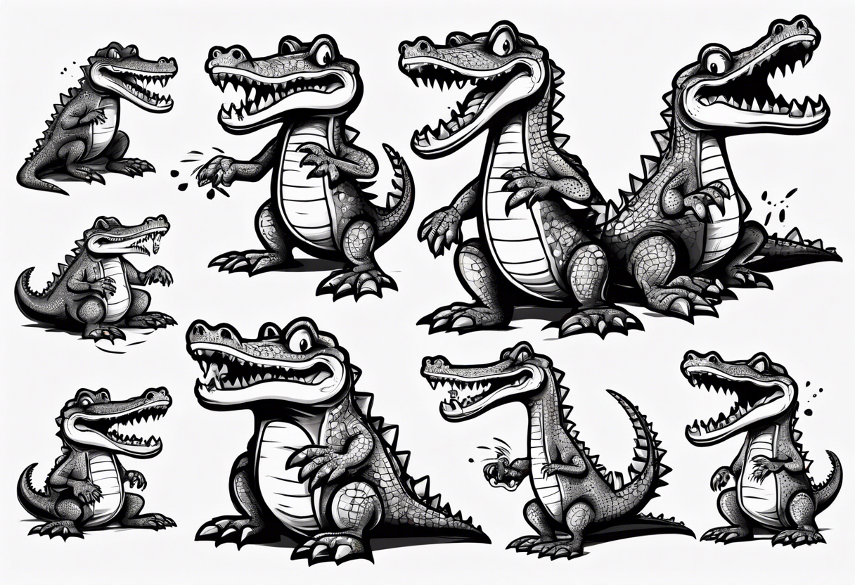 drunk cute cartoon crocodile full body tattoo idea