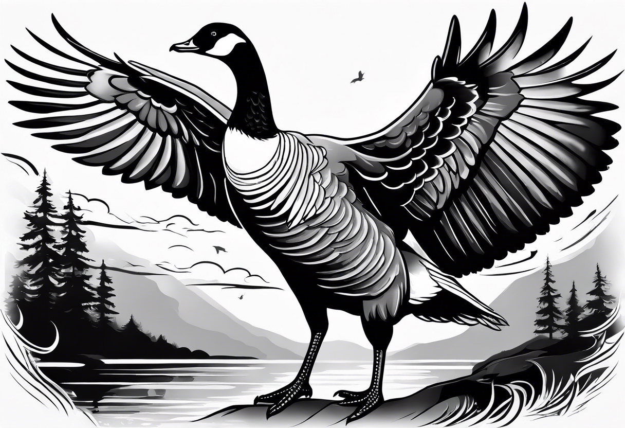 canadian goose stretching her wings facing upwards tattoo idea