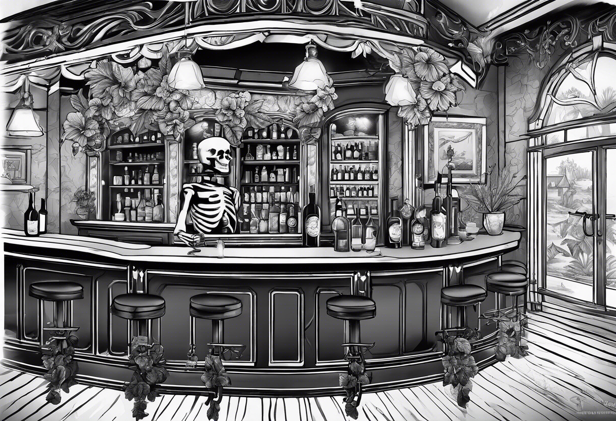 a bar scene with a skeleton couple with hibiscus flowers. western style tattoo idea