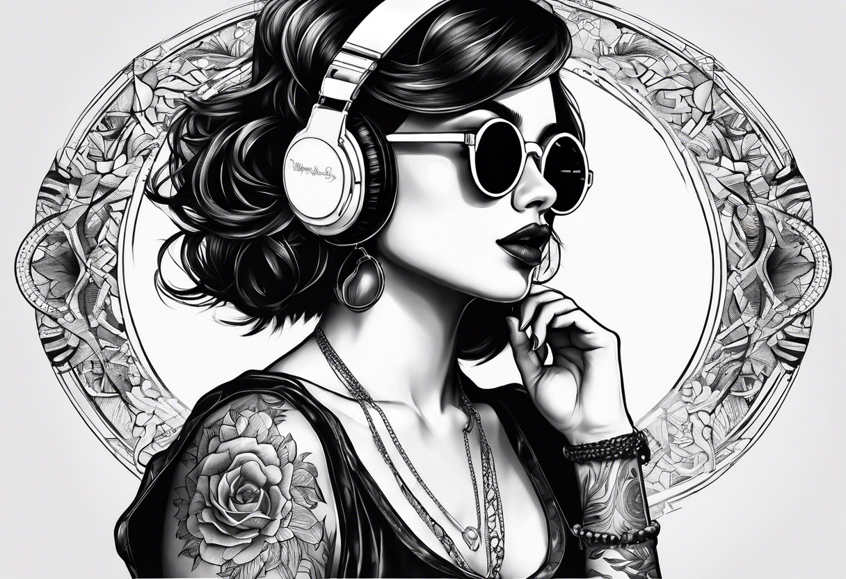 Hipster girl with round sunglasses listening to a tape tattoo idea