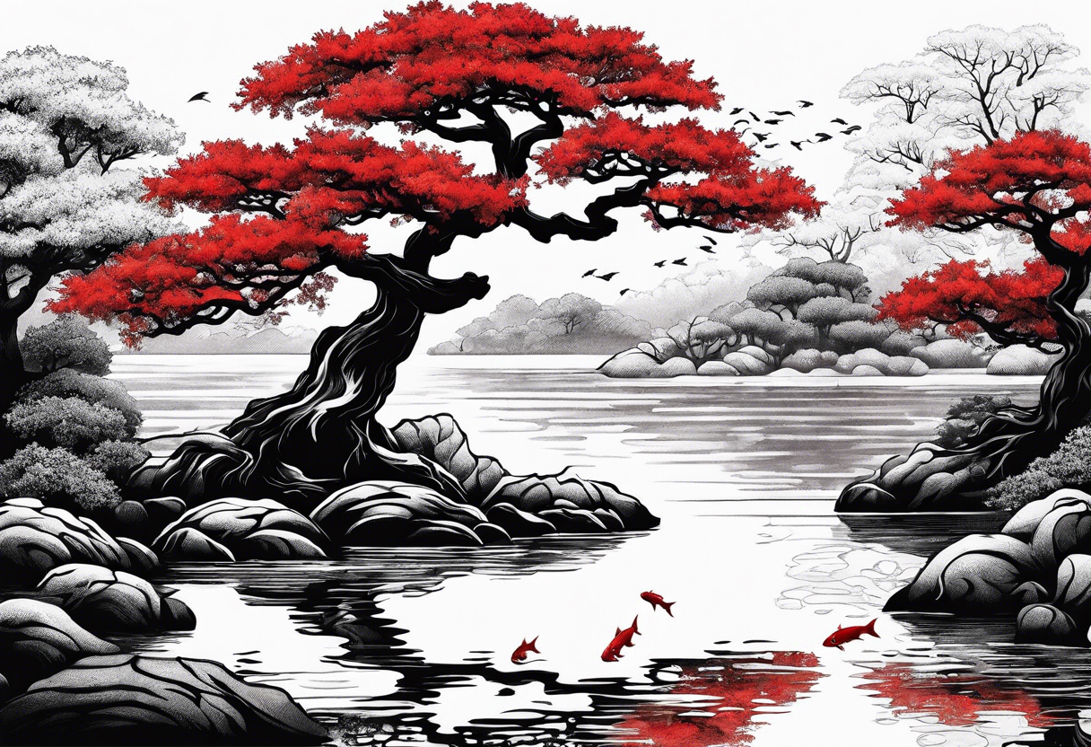 Red japanese oak tree next to a river with koi fish in the water tattoo idea