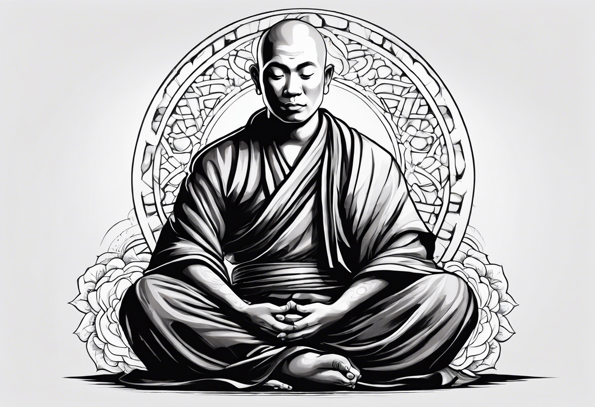 A monk sitting crossed legged on the ground, eyes closed a master meditator enlightened being tattoo idea