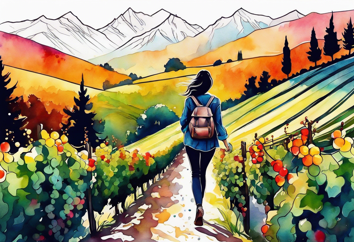 female silhouette walking from vineyards to forests to mountains tattoo idea