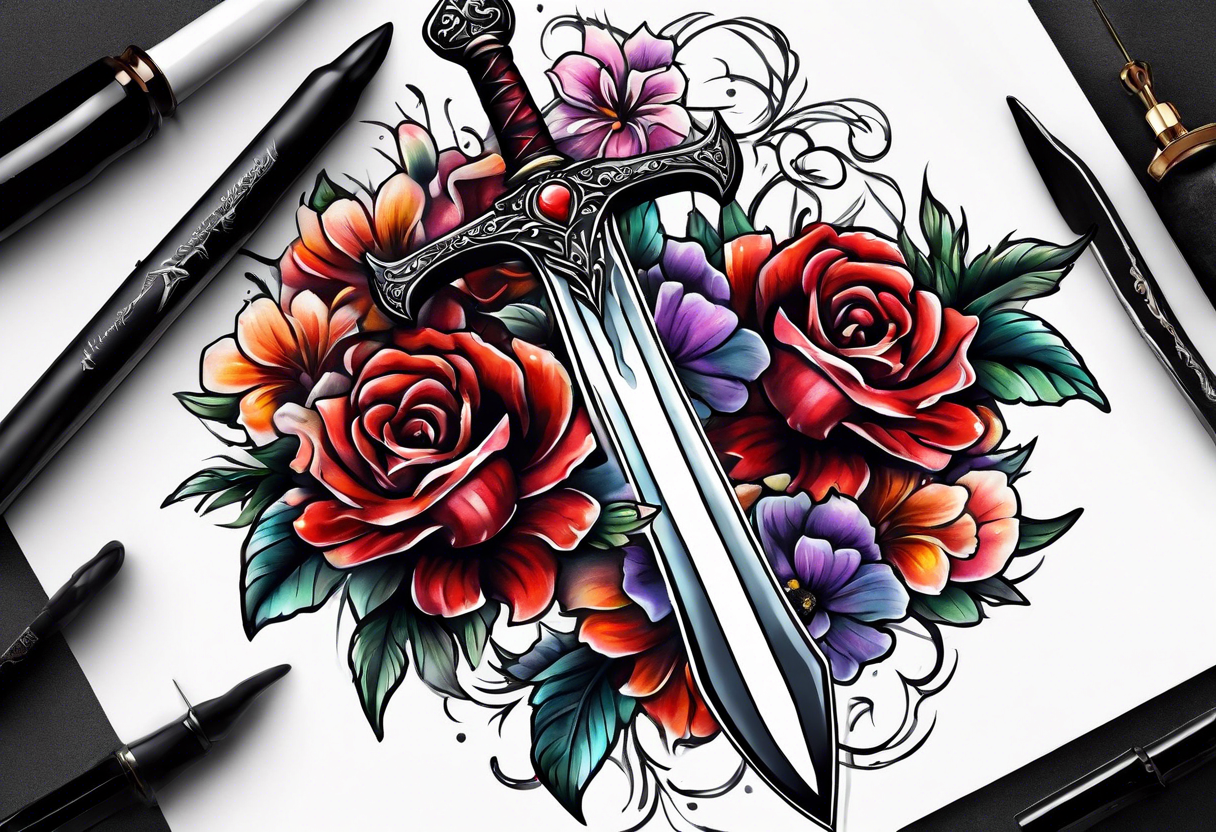 Bloody sword and flowers tattoo idea