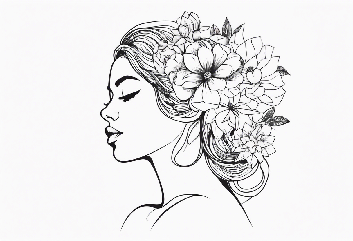 fine line tattoo with woman with flowers growing out of her head tattoo idea