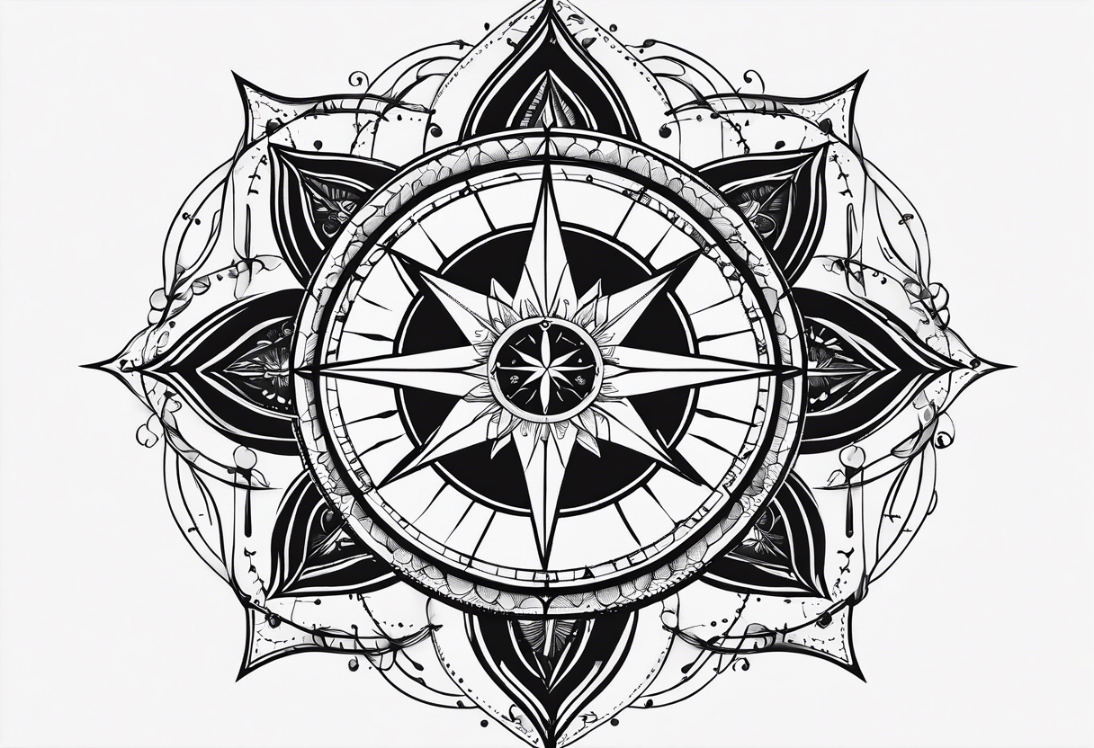 a classic compass rose as the central element with a molecular structure of serotonin tattoo idea