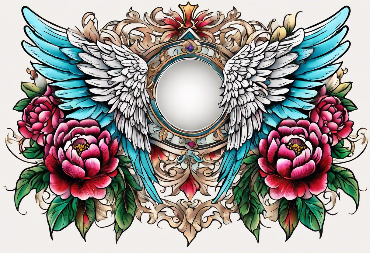 beautiful angel wings with colorful, peonies. beautiful flilligree in the background , full color, traditional old school , white background tattoo idea