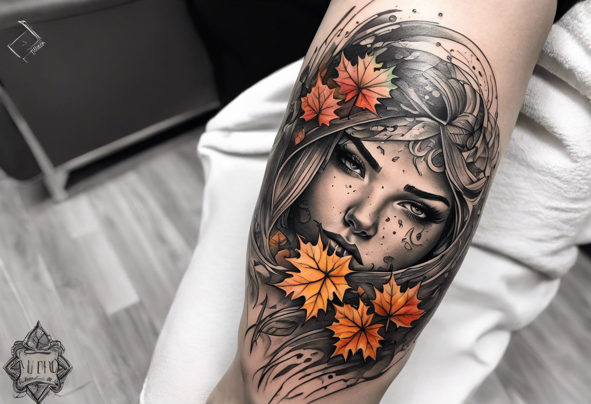 Knee tattoo in fall colors with water flow washes tattoo idea