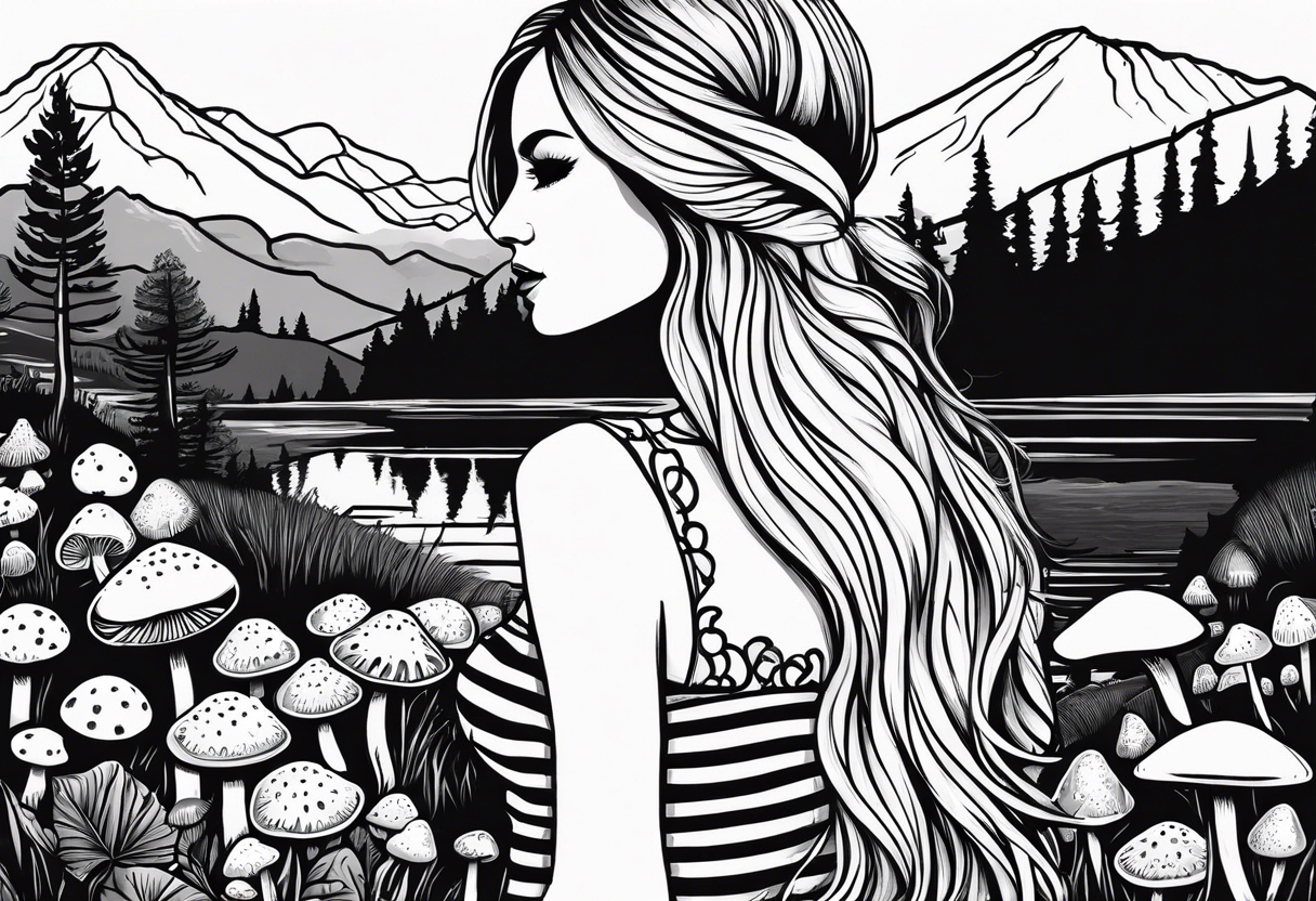 Straight long blonde hair hippie girl in distance holding mushrooms in hand facing away toward mountains and creek surrounded by mushrooms black and white striped dress tattoo idea