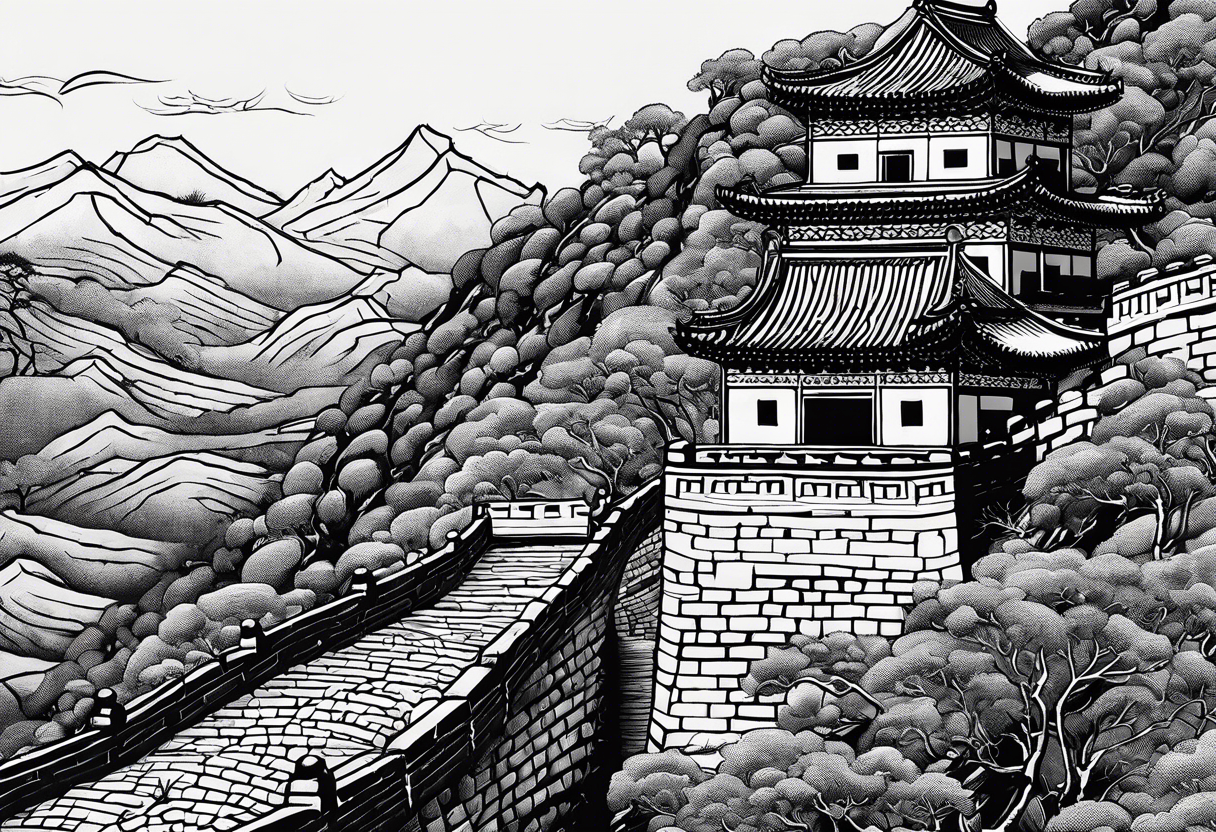 Rat behind Tiger and Snake on the great Wall of China with Temple tattoo idea