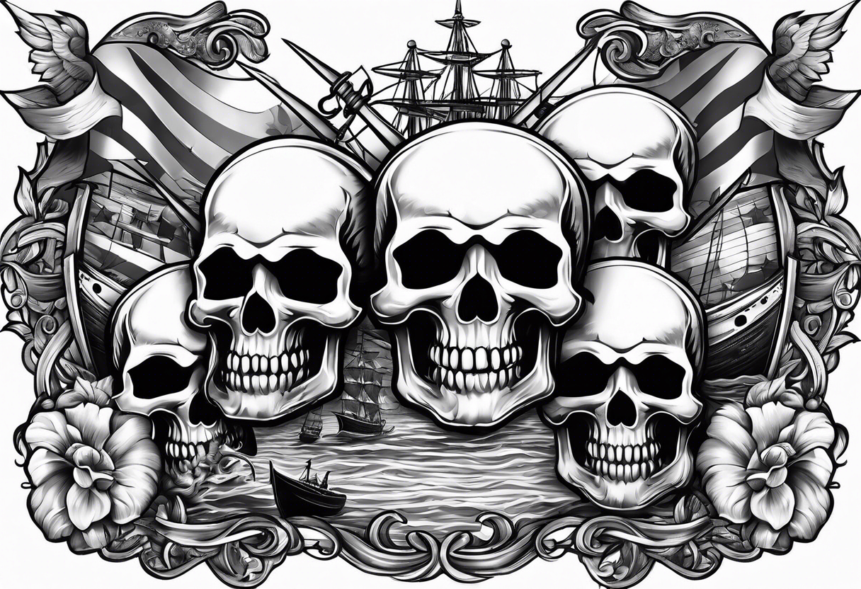 patriotic banner with skulls and ships tattoo idea