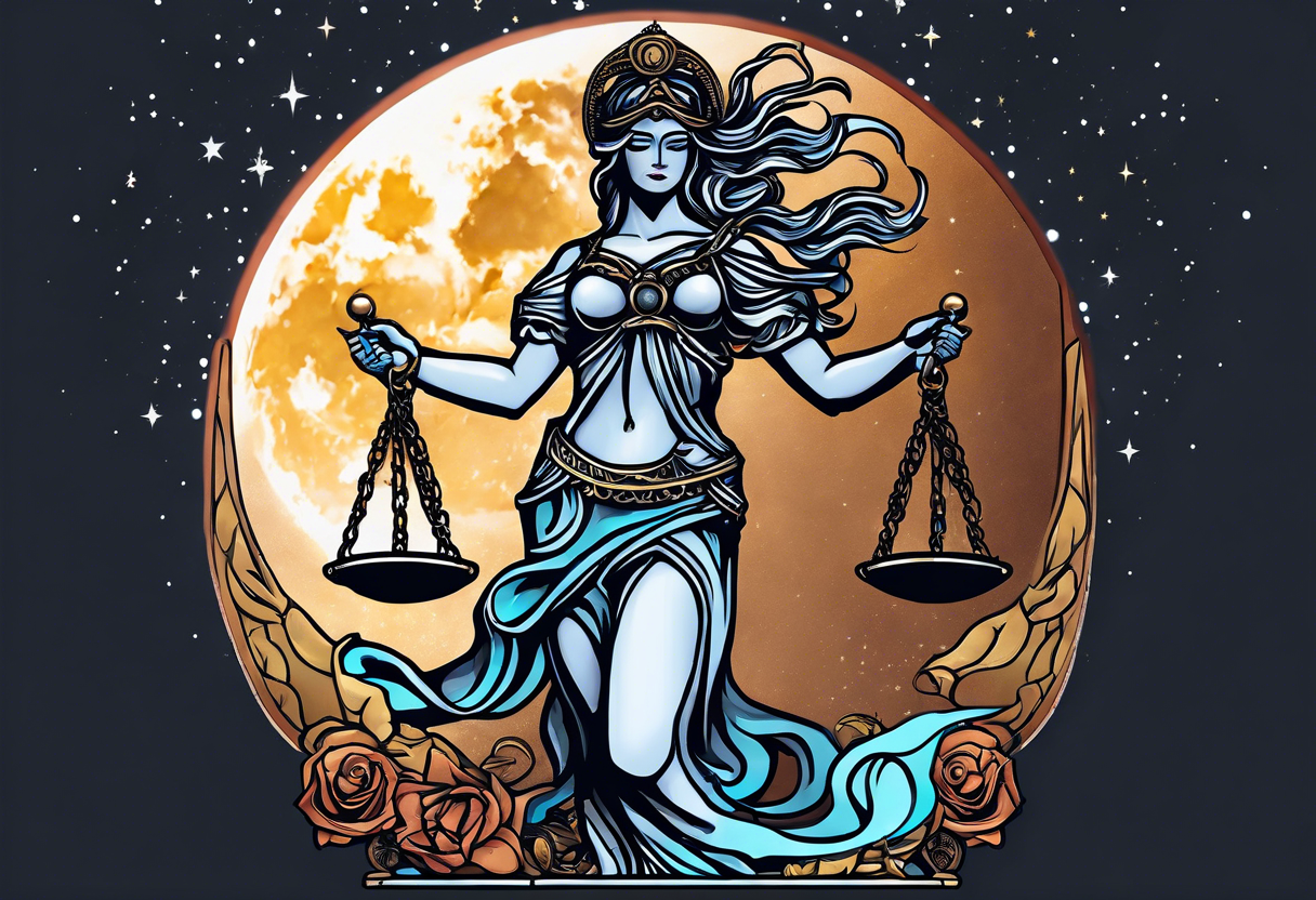 Themis holding the scales of justice while blindfolded with a moon in the background in color tattoo idea