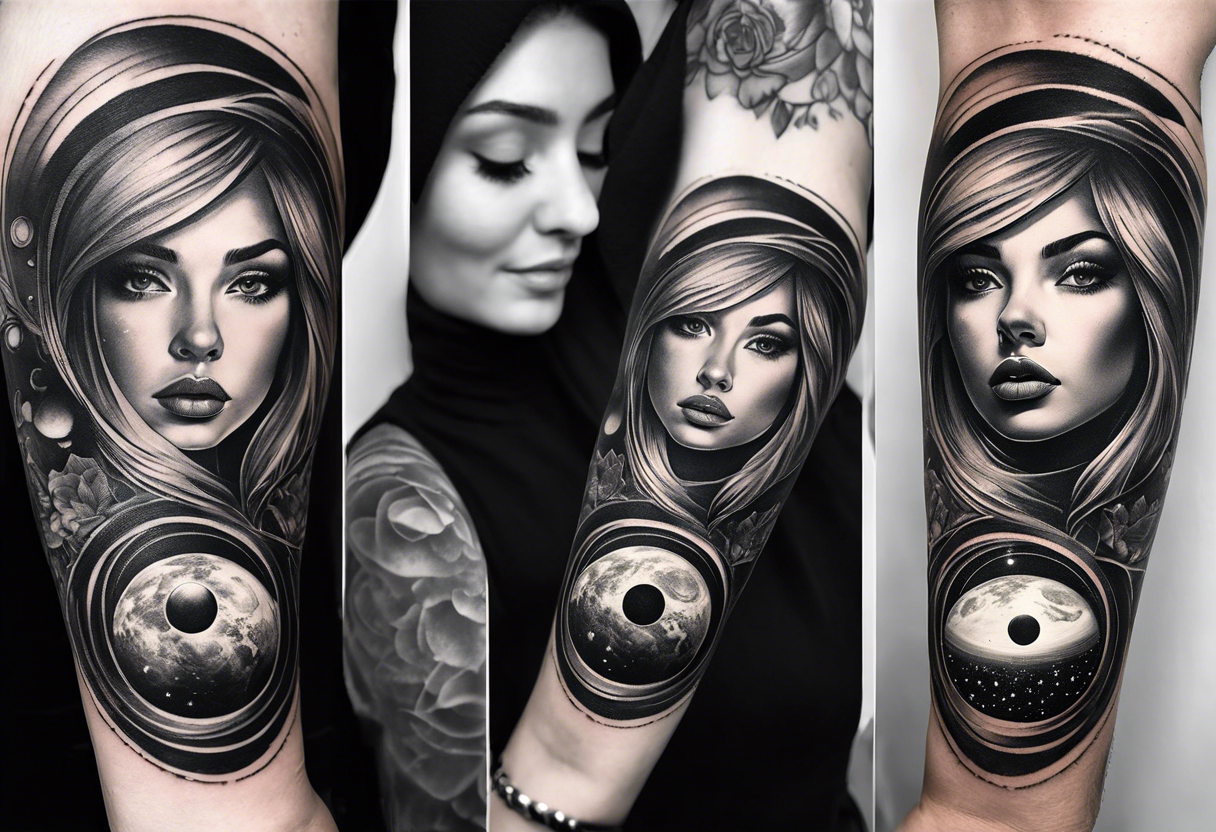 A surrealistic forarm sleeve tattoo featuring beautiful woman’s face with glowing eyes holding a planet in her hand. Above her head is a man being lifted up into a black hole tattoo idea