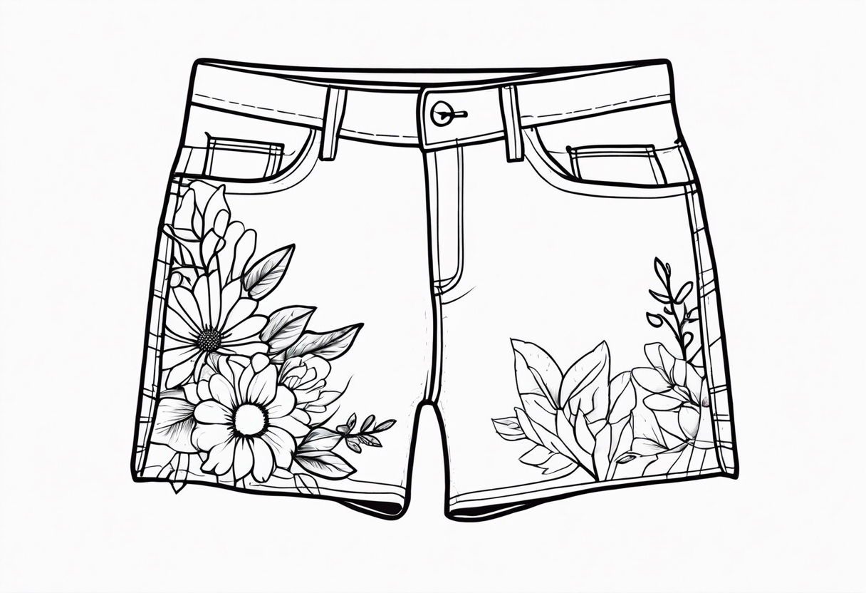 minimalstic outlined overall-shorts with flowers. Thin lines. tattoo idea