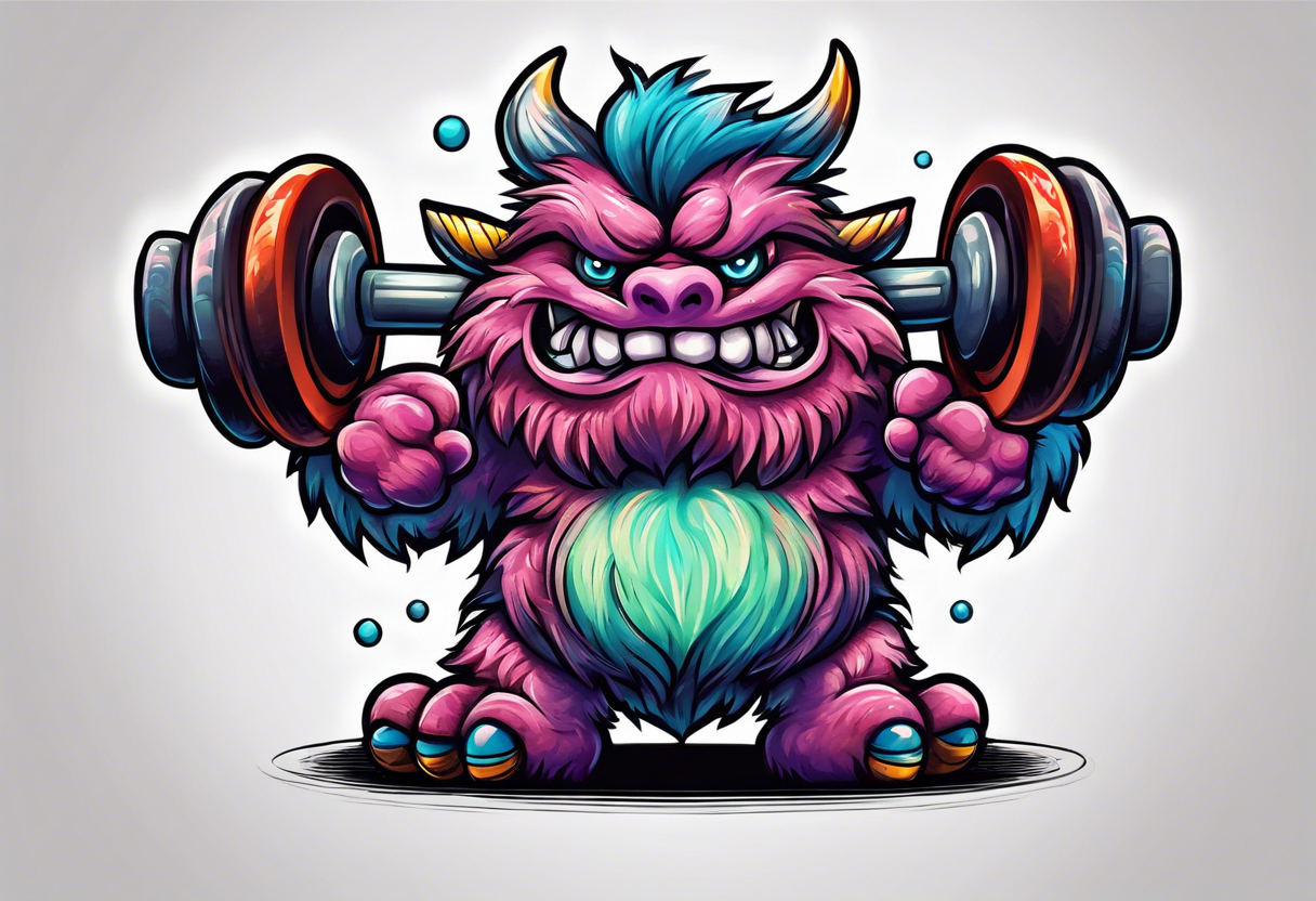 Strong old fuzzy monster lifting dumbells tattoo idea