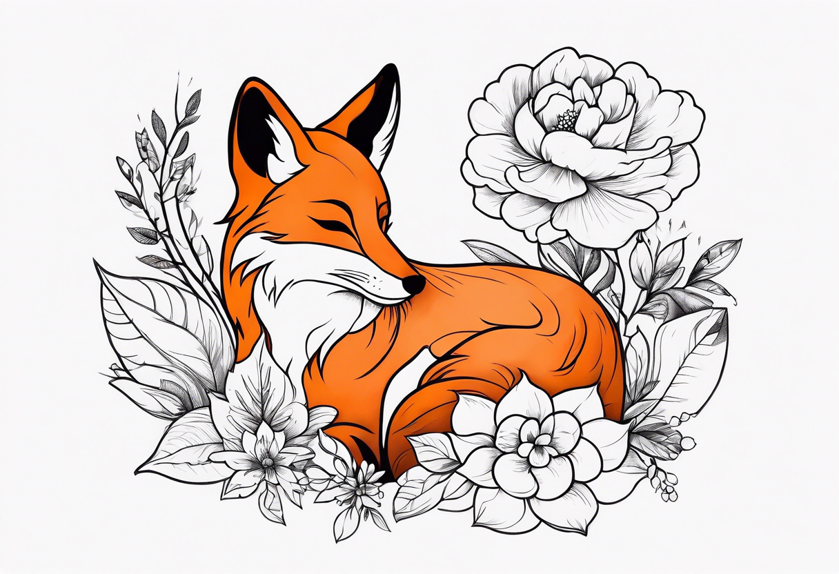 feminin minimalist flowers with fox full body tattoo idea
