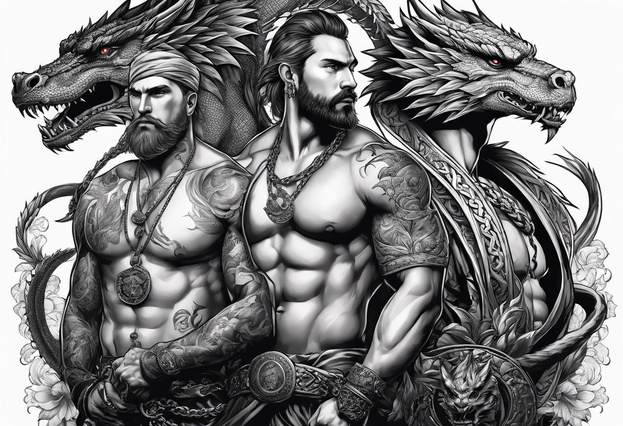 Three Russian heroes holding a dragon on a chain tattoo idea