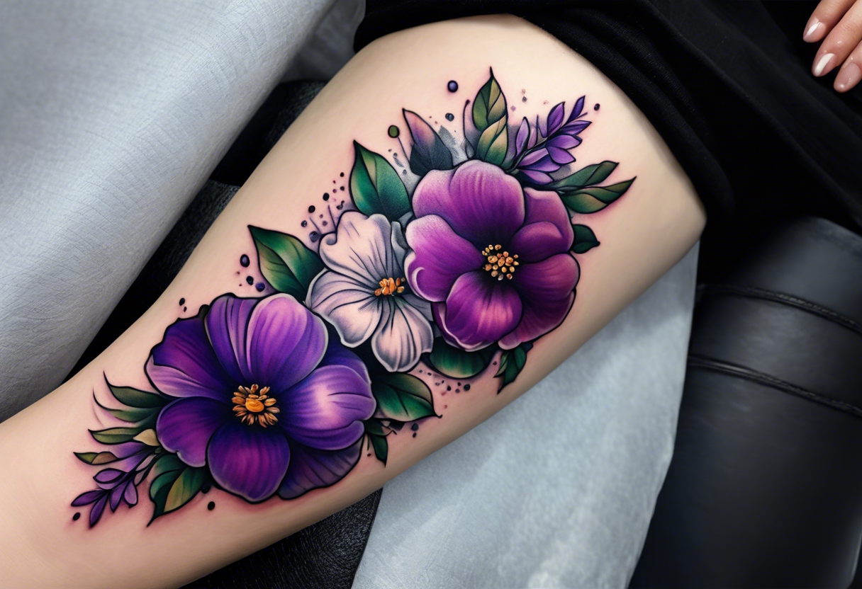 Forearm tattoo with purple flowers to always remember my grandma that passed away with heaven things added like clouds and stairs. tattoo idea