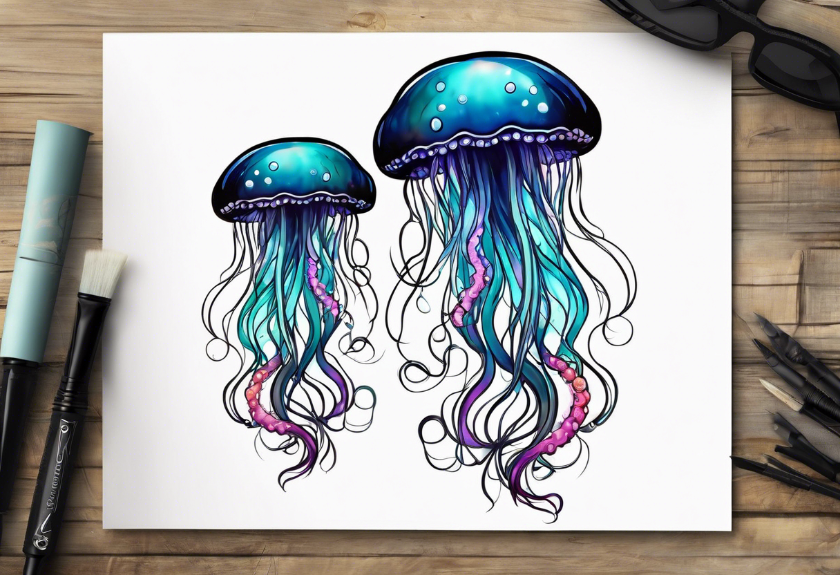 two jellyfish swimming together, with one larger than the other, with space in between them both with long tentacles of varying lengths and design tattoo idea