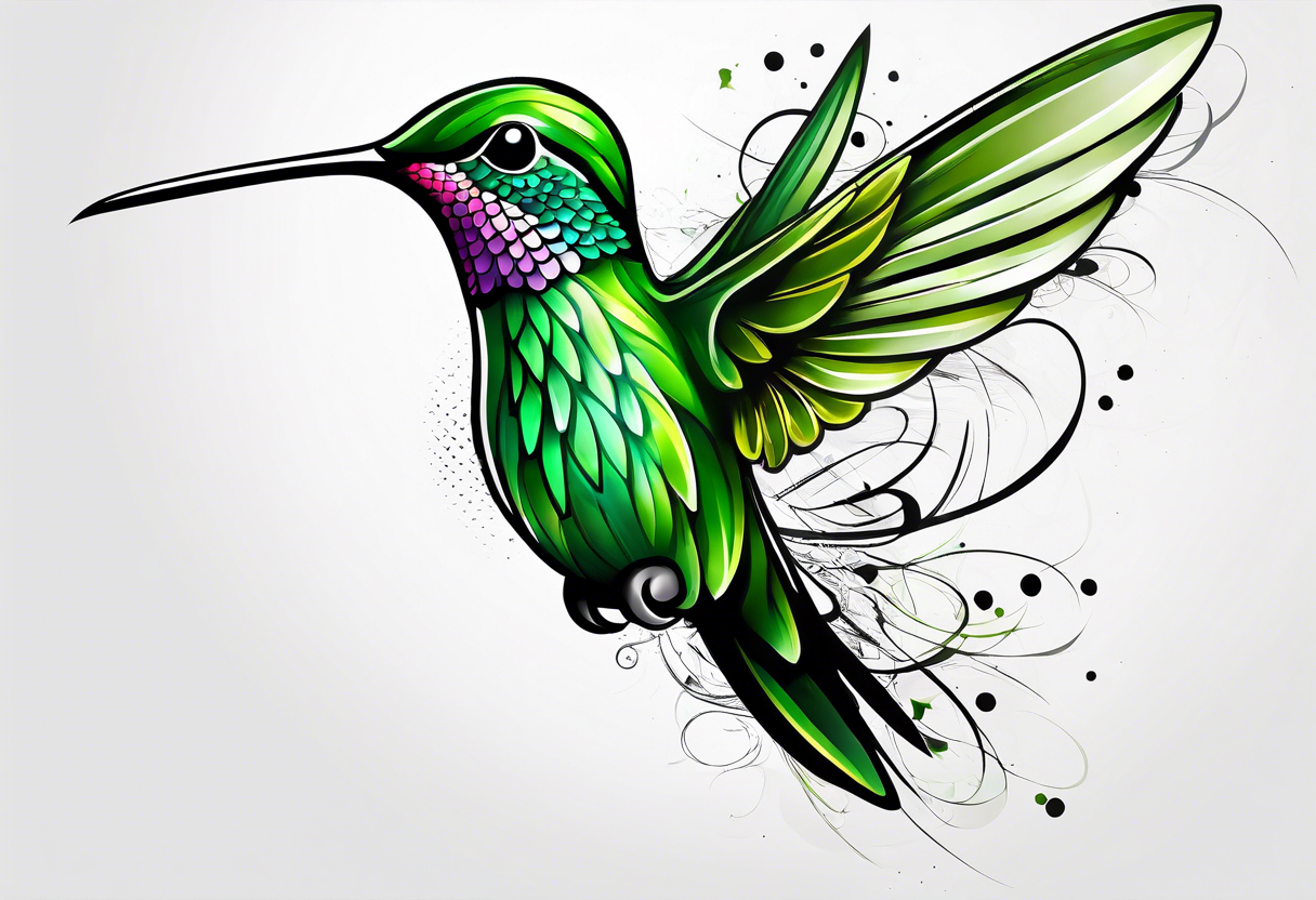 green hummingbird very small in flight ready to drink tattoo idea