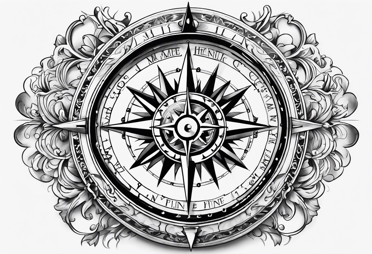 Compass dial with the names Chris Hannah Holly Millie tattoo idea