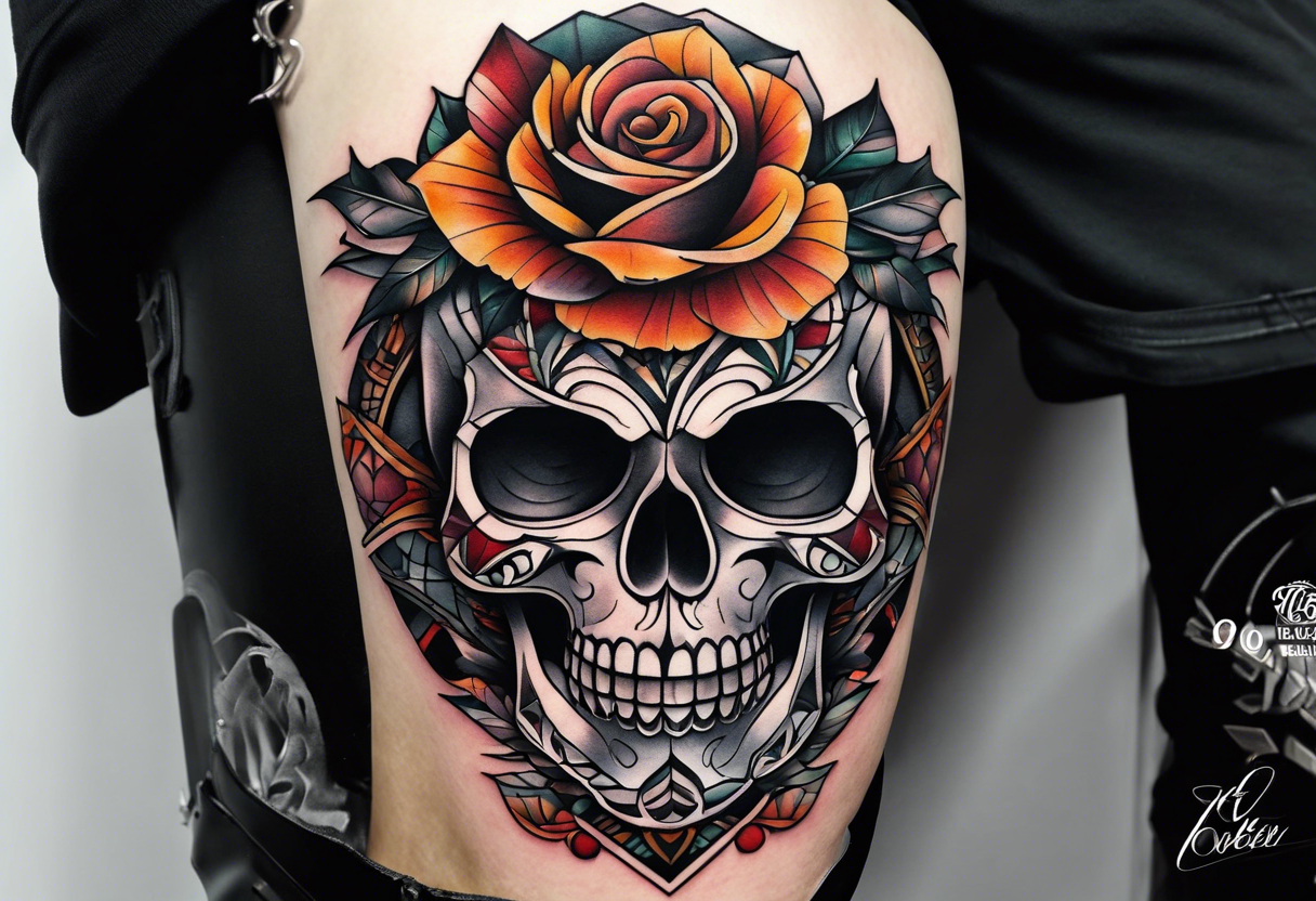 blackwork Knee tattoo in fall colors showing a large skull with a rose in the style tattoo idea