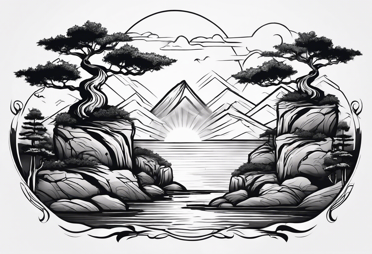 Sunset and little down bonsai trees tattoo idea