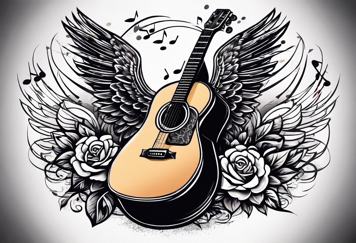 Microphone and musical notes and guitar and wings and country singer tattoo idea