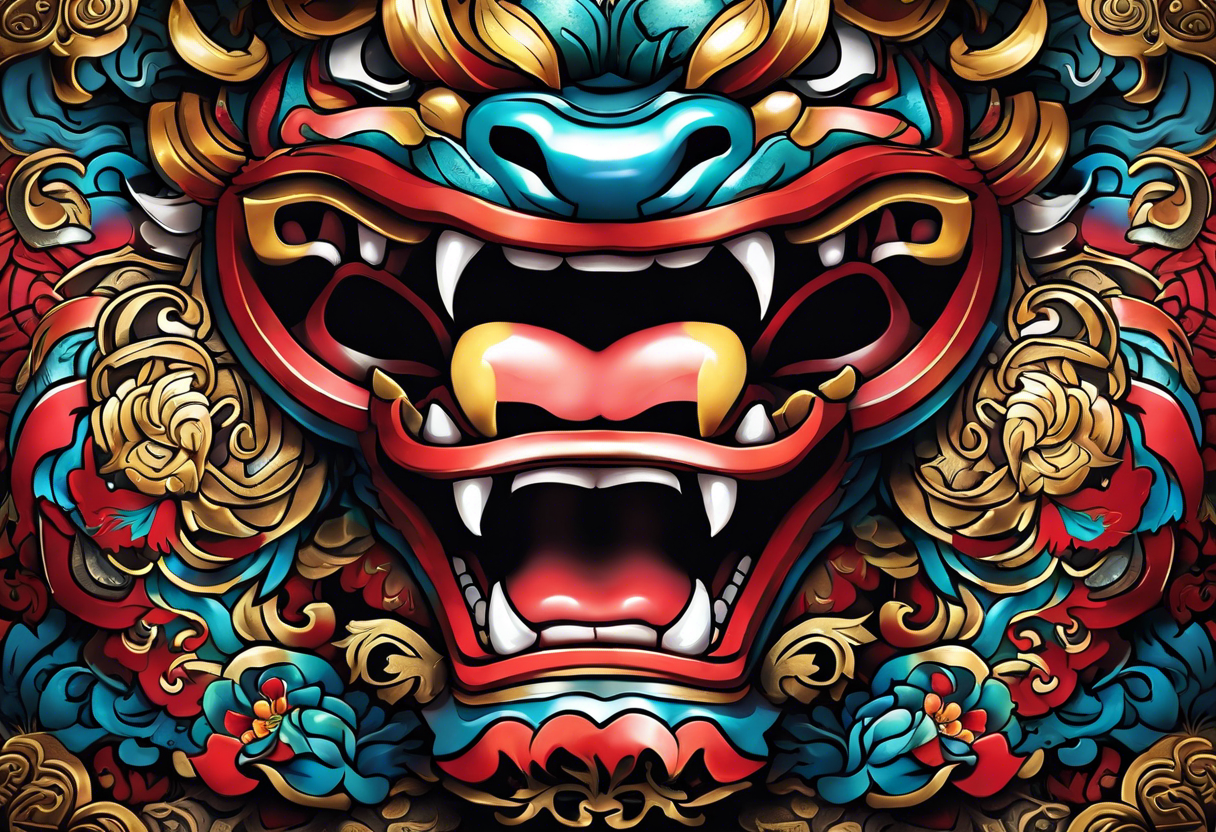 Double pectoral chest piece, of traditional full body Okinawa shisa. On one side is the male mouth open, and the other side, female, mouth closed. tattoo idea