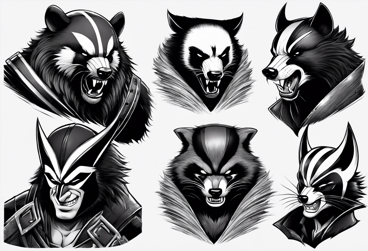 Draw me badger/wolverine with aggressive full body show, killer face with cute smile, very long nails and he attacks like a Turkish gladiator to enemy and also he has very deadly looking. tattoo idea