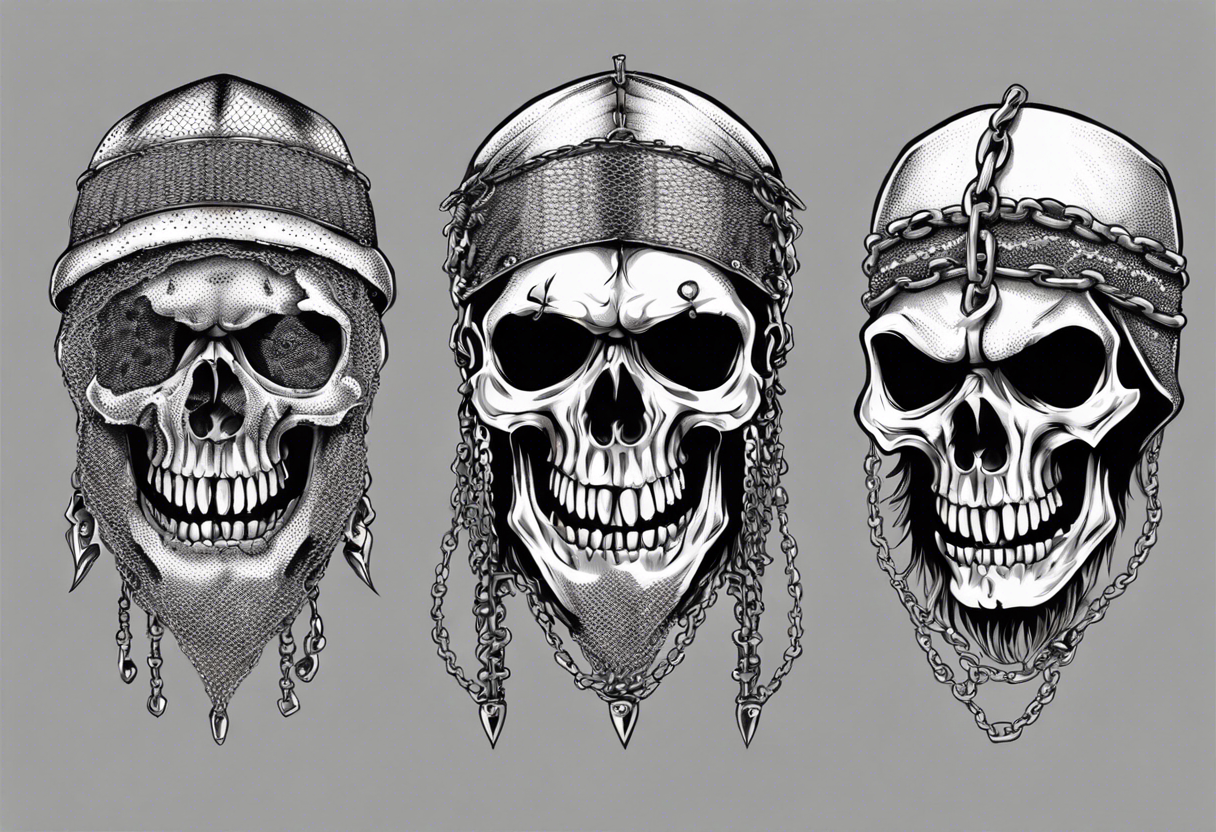 A skull with battered teeth and a chain mail head covering tattoo idea