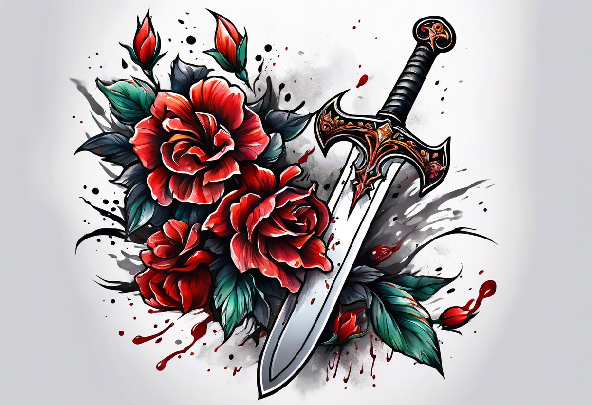 Bloody sword dripping into flowers tattoo idea