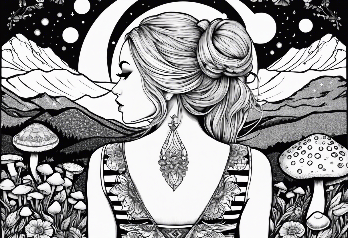 Straight blonde hair girl facing away toward mountains surrounded by mushrooms crescent moon mandala circular design black and white striped dress infinity symbol tattoo idea