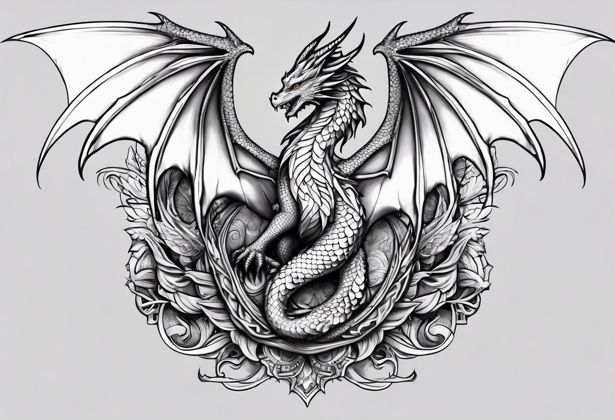 Mother dragon wings spread standing over her three young dragon babies tattoo idea