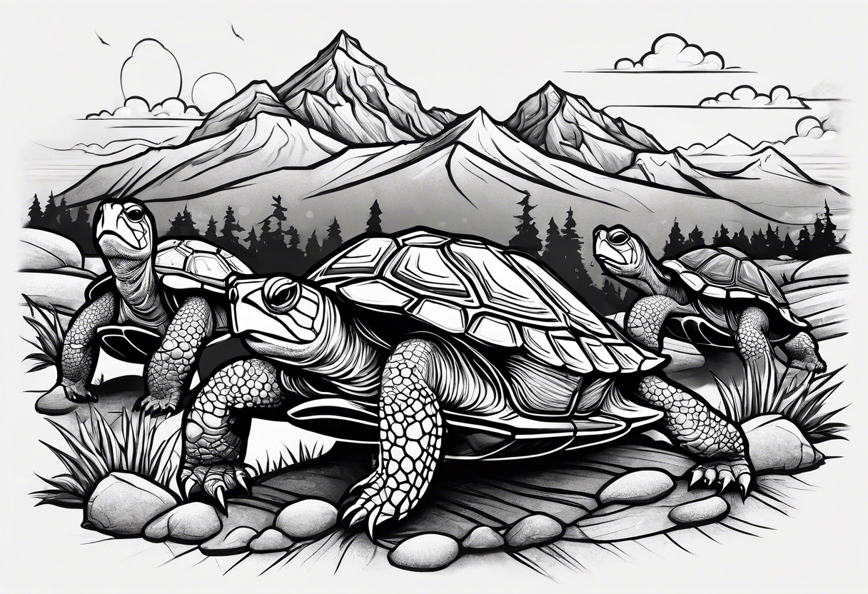 For forearm Mountains, Honda three wheeler, four turtles watching from the path tattoo idea